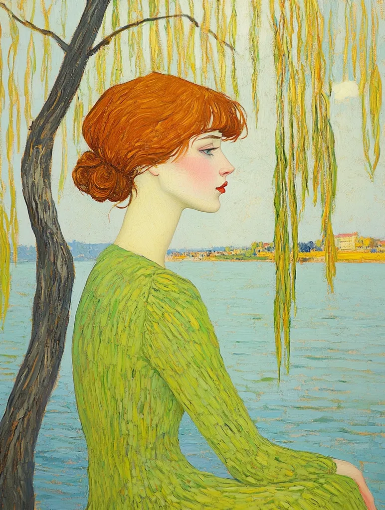 A young woman with vibrant red hair, styled in a bun, sits in profile view. She wears a lime green dress, the texture of which is depicted with visible brushstrokes.  She is positioned beside a willow tree, its branches hanging over a tranquil body of water.  A distant shoreline with buildings is visible in the background, creating a serene and peaceful atmosphere. The painting's style is impressionistic, focusing on color and texture.