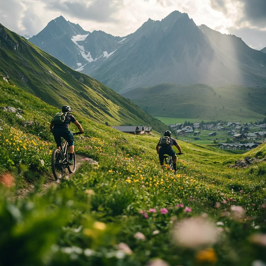 Two mountain bikers ride along a trail through a vibrant alpine meadow.  Towering mountains, partially snow-capped, form a dramatic backdrop.  A small village is nestled in the valley below.  Sunlight streams through the clouds, illuminating the scene.  The lush greenery and wildflowers create a picturesque setting for the cyclists' journey.