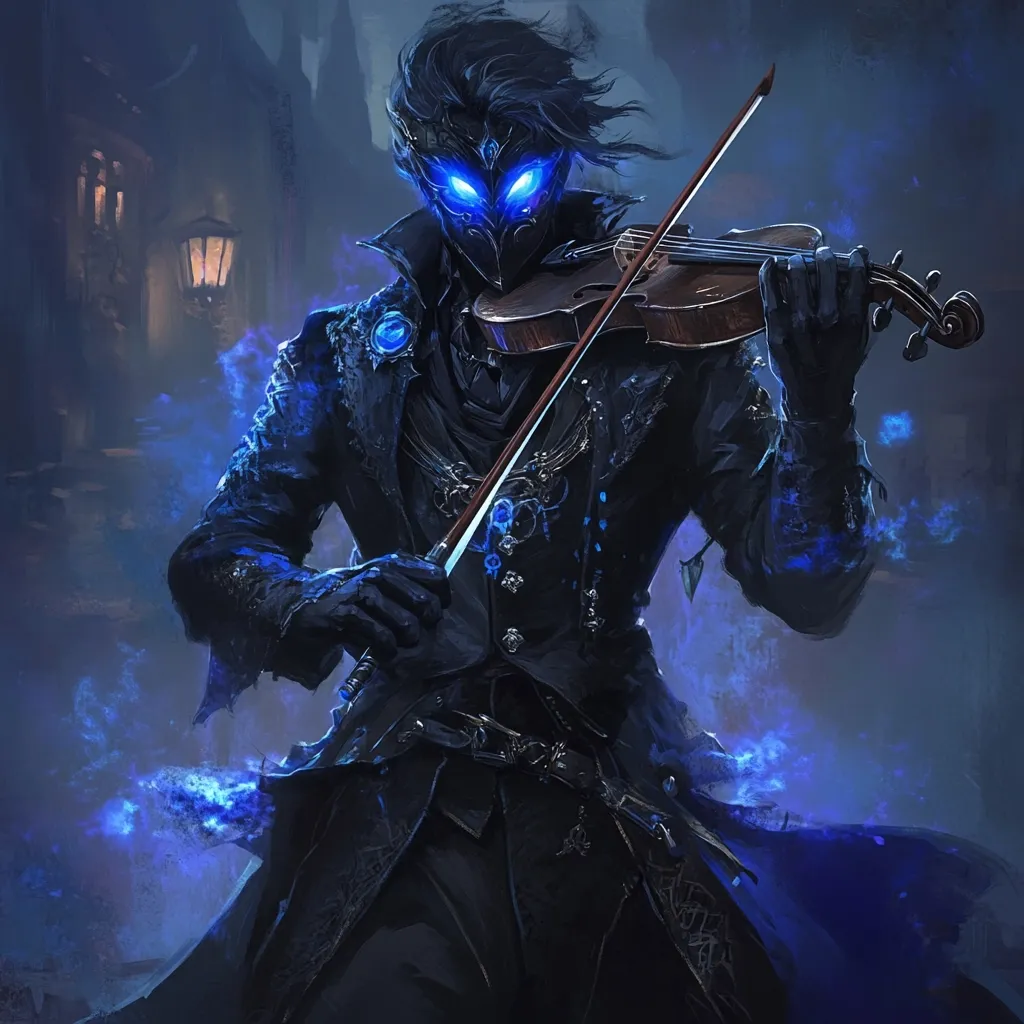 A dark figure, cloaked in black and wielding a violin, commands attention.  Glowing blue energy emanates from him, enshrouding his form. His mask conceals his face, yet his intense, glowing blue eyes pierce through. The background hints at a gothic, shadowy cityscape. The overall mood is mysterious and powerful.  He appears to be a magical being, perhaps a dark sorcerer or spectral musician.
