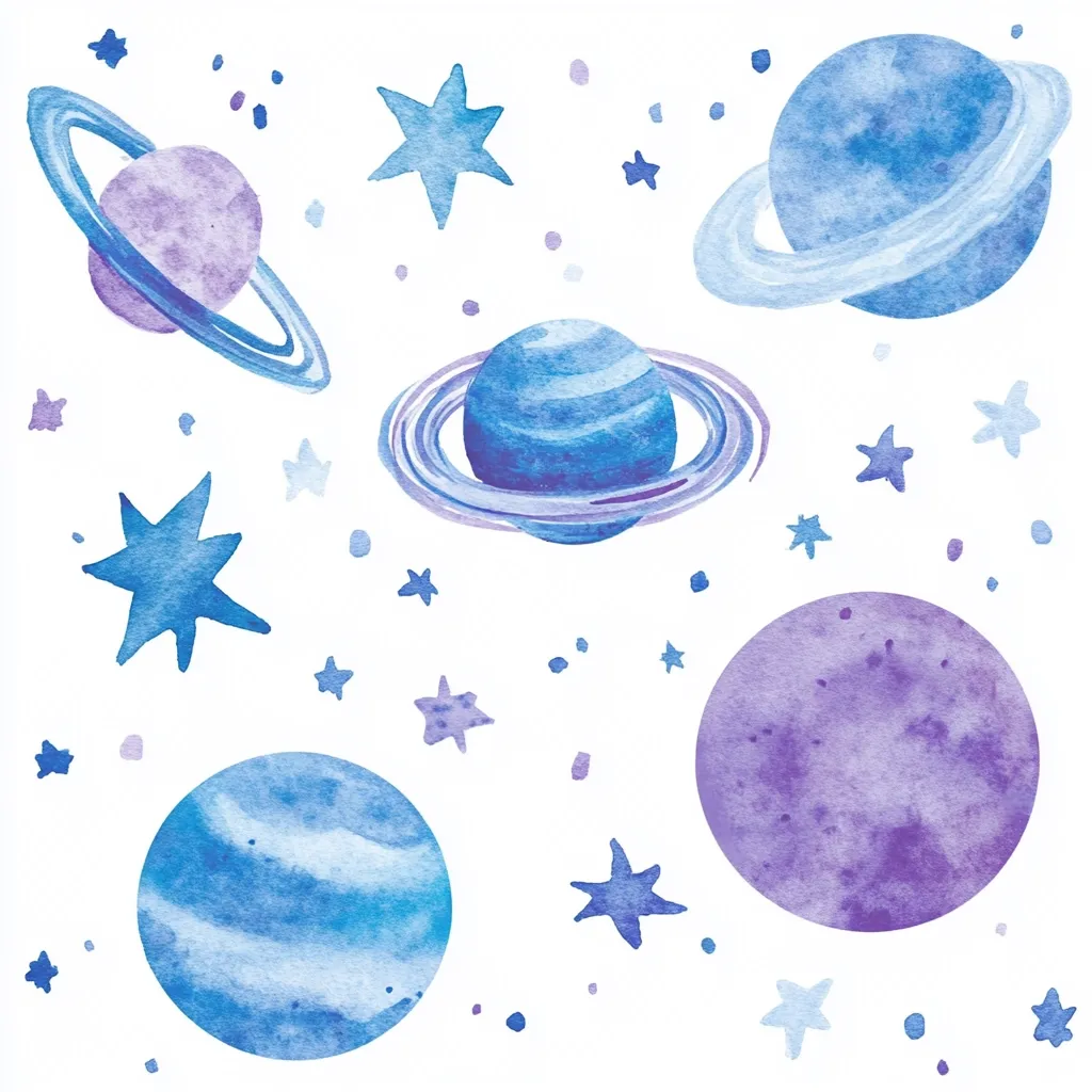 A whimsical watercolor painting depicts a celestial scene.  Blue and purple planets, some with rings, float amongst scattered stars.  The planets vary in size and shade, creating a dreamy, outer space aesthetic.  The style is simple and childlike, with soft, blended colors and uneven star shapes.  The overall impression is one of gentle wonder and playful imagination.