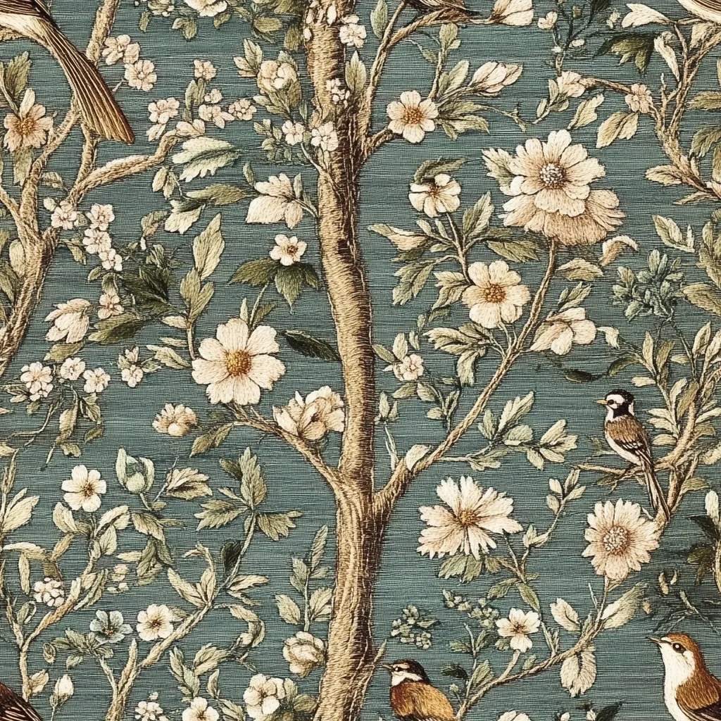 A teal fabric features an embroidered design of blossoming trees and birds.  The trees are detailed with brown trunks and branches, adorned with delicate, cream-colored flowers and green leaves.  Several small birds, rendered in shades of brown and beige, are perched among the branches. The overall style evokes a vintage or antique aesthetic.
