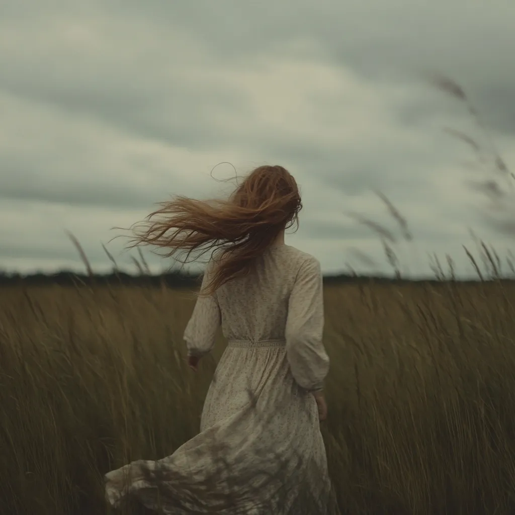 A woman with long, reddish-brown hair, flowing in the wind, walks away from the camera through a tall grass field.  She wears a long, light-colored dress. The sky is overcast and moody, creating a melancholic atmosphere.  The overall image evokes a sense of solitude and freedom.