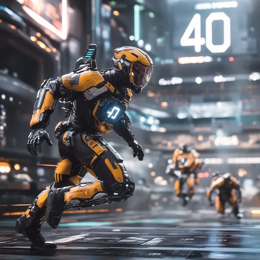 A futuristic soldier, clad in a sleek yellow and black exoskeleton, sprints across a technologically advanced cityscape.  The number 40 is prominently displayed in the background, possibly indicating a timer or score. Other soldiers, similarly outfitted, are blurred in the background, suggesting a fast-paced, competitive event. The scene is dynamic, highlighting the advanced technology and intense action.