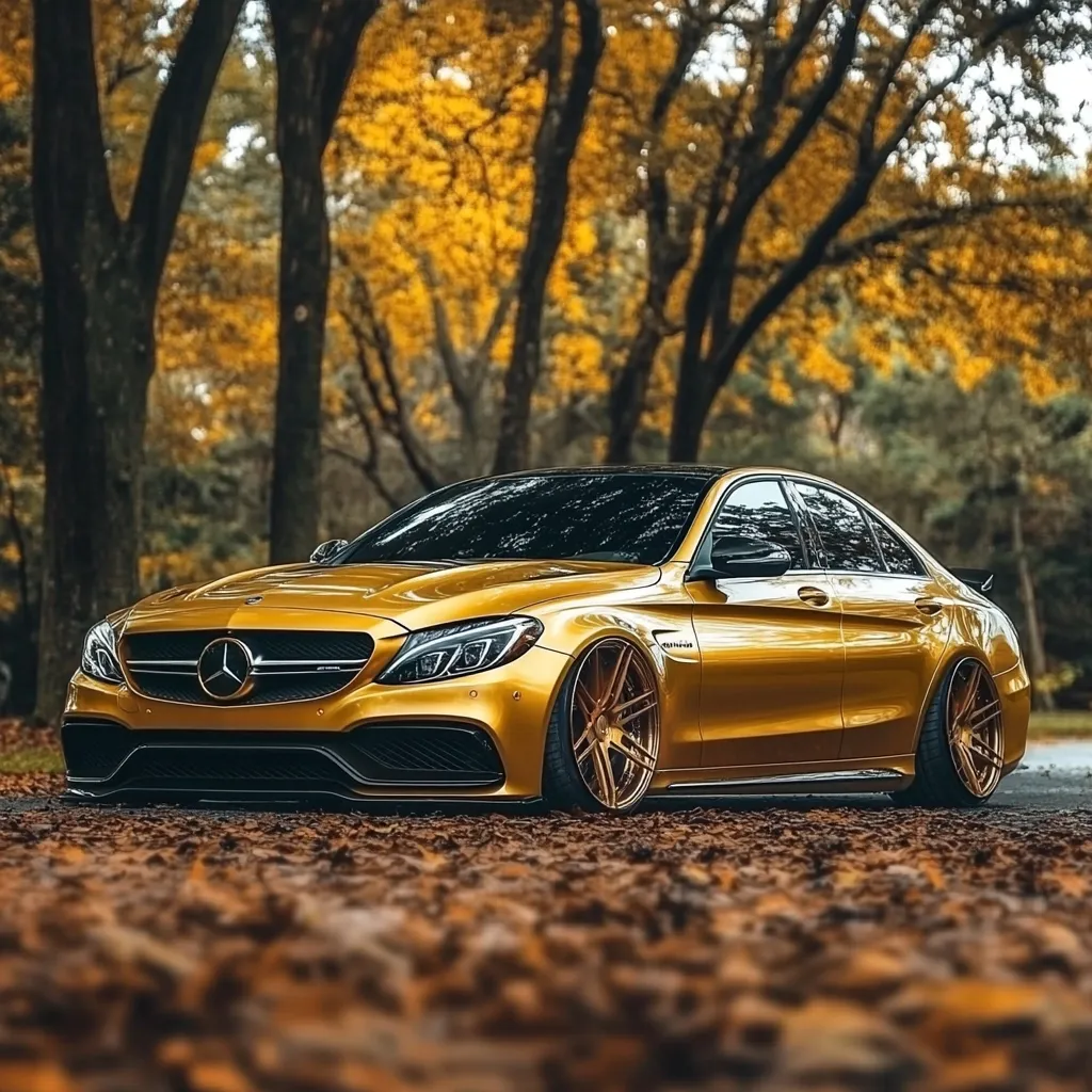 A gold Mercedes-Benz C63 AMG sedan is parked on a leaf-covered road.  The car is modified with aftermarket wheels and a lowered suspension.  The autumnal setting, with trees displaying vibrant yellow leaves, provides a stunning backdrop. The image emphasizes the car's sleek design and luxurious appearance. The golden hue of the car contrasts beautifully with the fallen leaves.