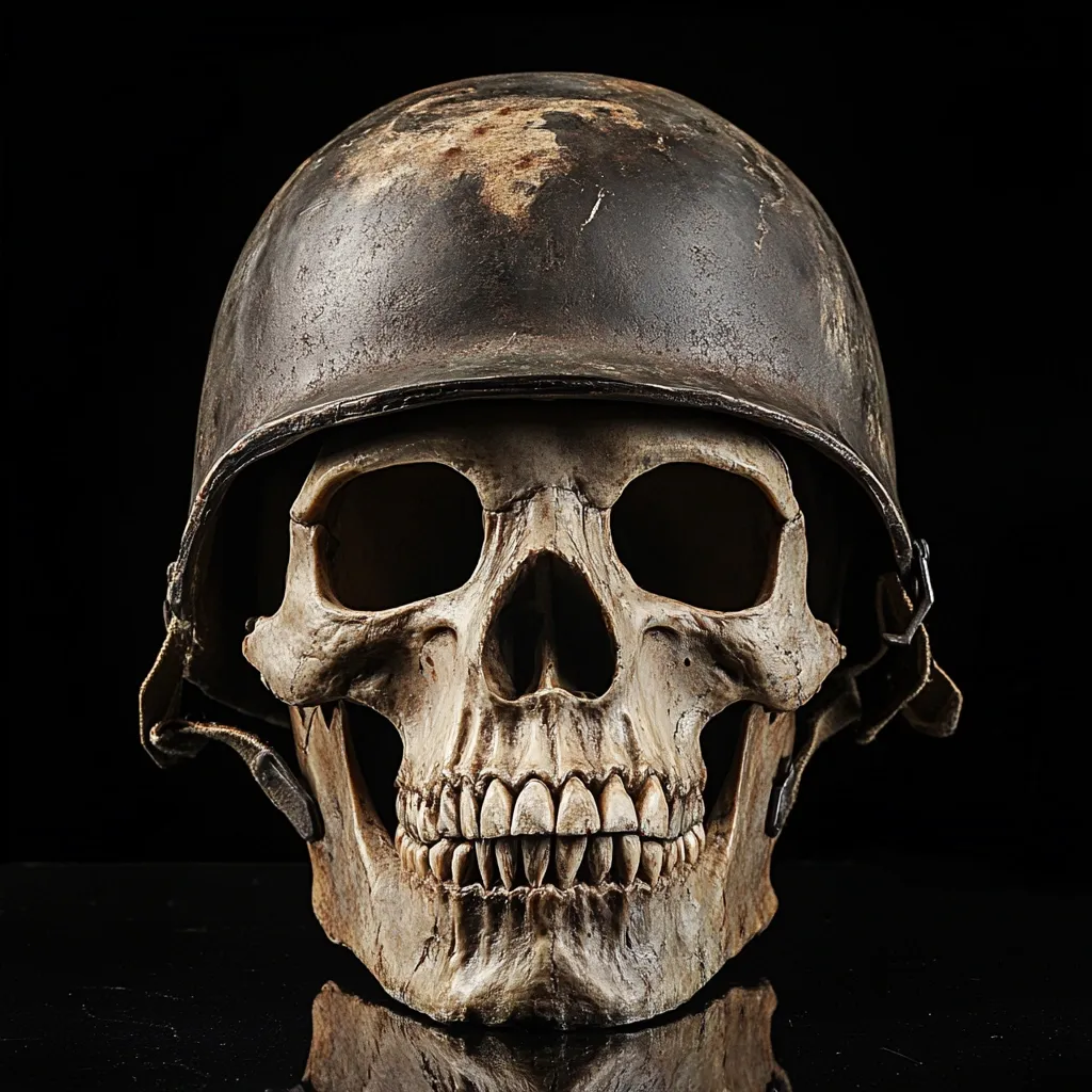 A human skull, detailed and realistic, is positioned centrally within a weathered, dark-colored military helmet.  The helmet's straps are visible, adding to the somber image.  The stark contrast against the black background emphasizes the skull's bone structure and the helmet's texture. The scene evokes a sense of mortality and the cost of war.