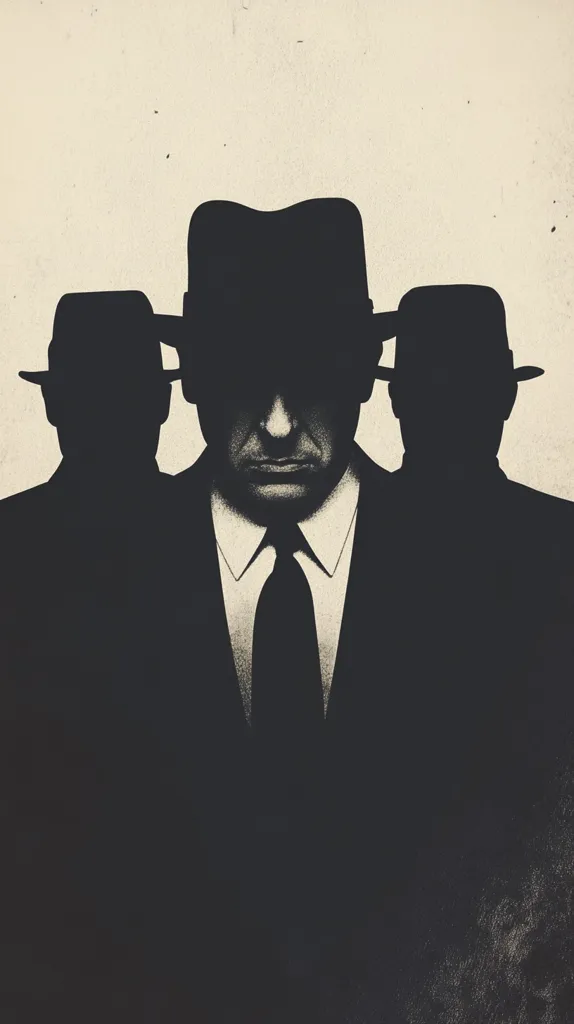 A stylized illustration depicts three men in suits and fedoras, their faces obscured by shadow.  The central figure is prominently featured, while the flanking figures are partially shadowed, creating a sense of mystery and anonymity. The monochromatic palette and textured background enhance the image's noir aesthetic, suggesting themes of secrecy and intrigue.