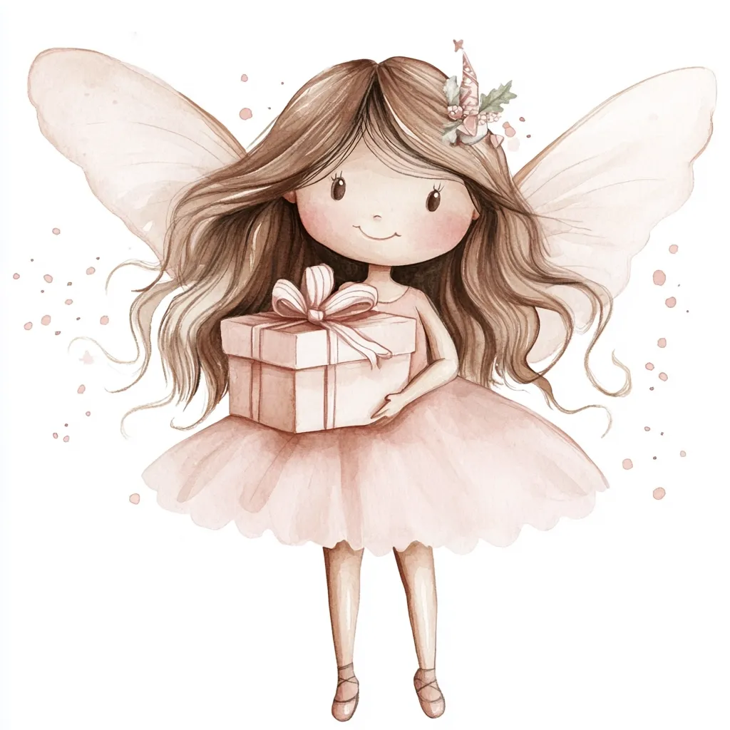 A watercolor illustration of a cute fairy girl with long brown hair and delicate pink wings. She's wearing a blush pink tutu and holding a light pink gift box tied with a ribbon.  The fairy has a sweet expression and is surrounded by subtle pink speckles, creating a magical, whimsical feel. The overall style is soft, gentle, and charming.