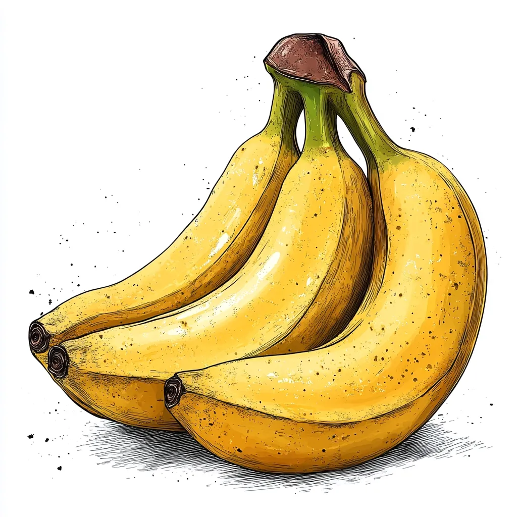 A hand-drawn illustration showcases a bunch of three ripe bananas, their yellow peels speckled with tiny dark dots.  The bananas are clustered together, their stems intertwined at the top, creating a visually appealing composition against a stark white background. The detailed style emphasizes the texture of the banana skins, enhancing the overall realism.