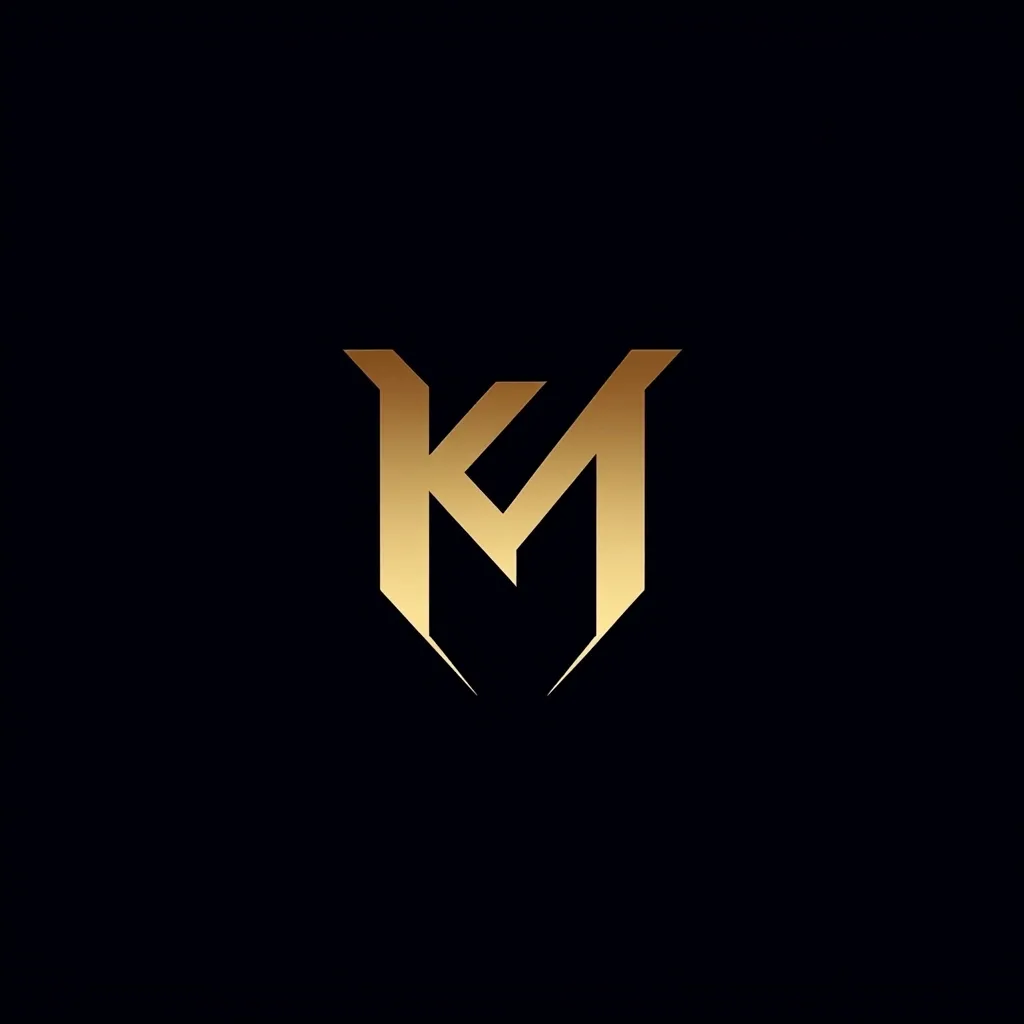 A logo featuring stylized gold letters "KM" interlocked within a sharp, angular, shield-like shape. The design is minimalist, with the letters and shape set against a black background. The gold color suggests luxury and sophistication.  The overall impression is one of strength and modern elegance.