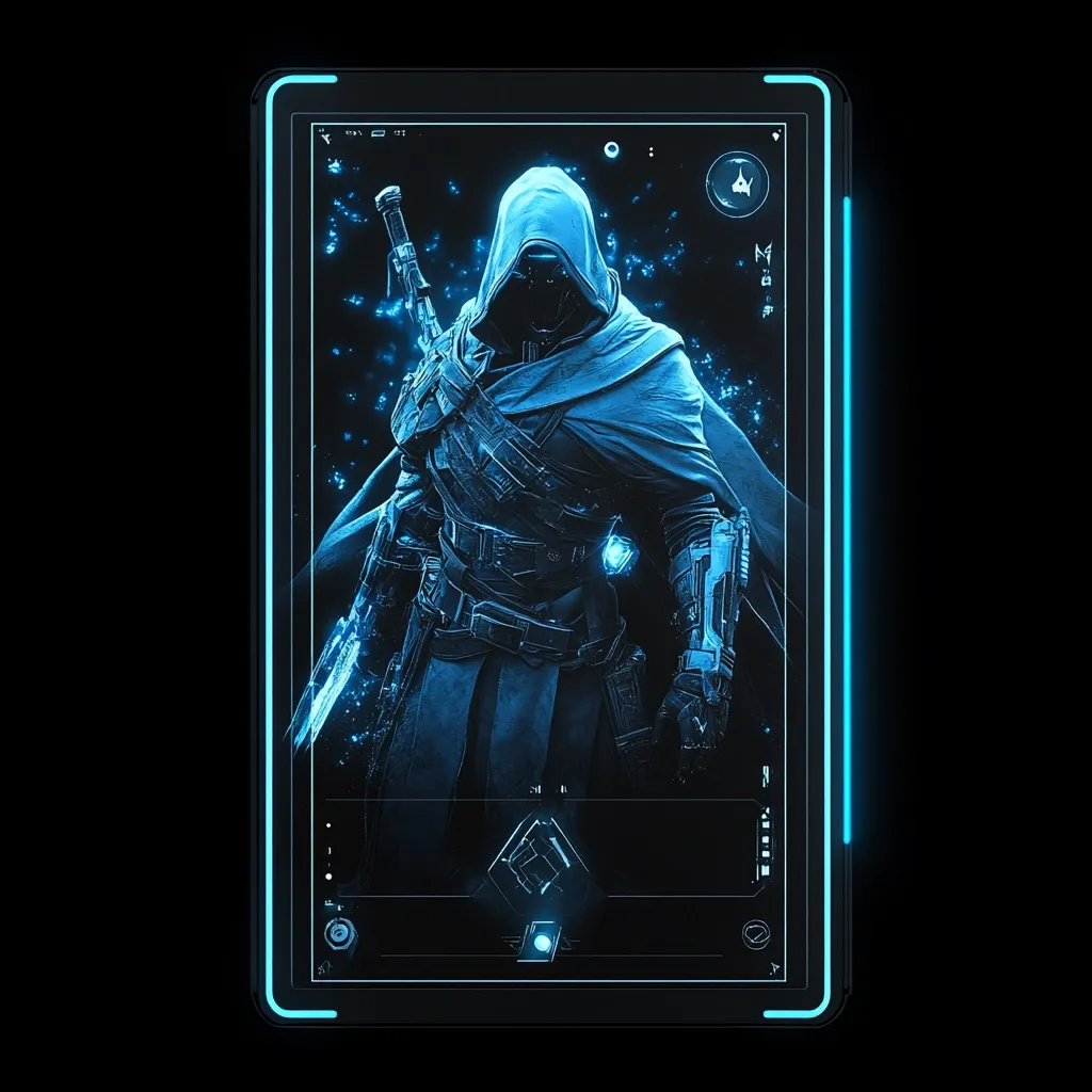 A stylized image depicts a hooded figure, possibly a video game character, rendered in cool blue hues.  The figure wields a sword and is clad in futuristic armor.  The image is framed by a sleek, dark tablet with a vibrant blue neon border, suggesting a digital or technological interface.  Glowing particles surround the figure, adding to the otherworldly atmosphere.