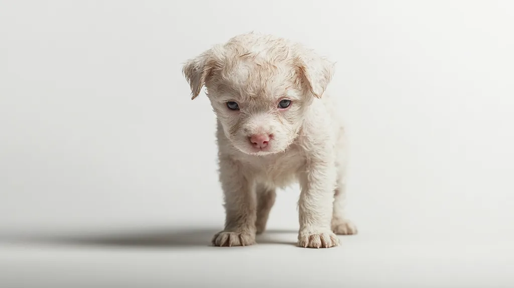 A small, light cream-colored puppy stands against a white background.  Its fur appears slightly damp or unkempt. The puppy's eyes are light and it looks down, giving a gentle and somewhat shy expression.  Its paws are visible, and it looks small and vulnerable.