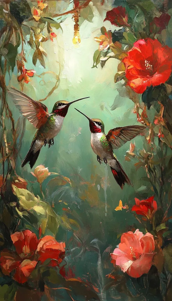 A vibrant oil painting depicts two hummingbirds in a lush garden setting.  The birds, rendered with detail, hover near each other amidst bright red and pink flowers.  A soft, ethereal light illuminates the scene, casting a warm glow on the hummingbirds and blossoms. The overall style is impressionistic, with visible brushstrokes contributing to the painting's texture and mood.  A small, antique-style light bulb hangs subtly in the background.