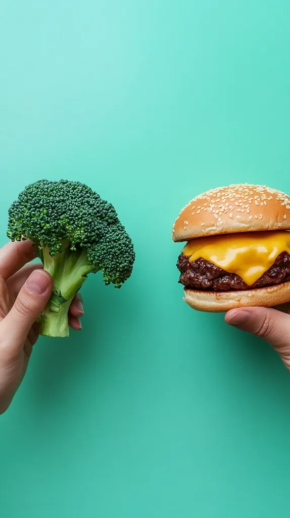 A vibrant green background contrasts a hand holding a fresh broccoli floret against another hand holding a cheeseburger.  The image presents a stark visual comparison between healthy, nutritious food and a less healthy, indulgent option.  The juxtaposition highlights the choices involved in maintaining a balanced diet.