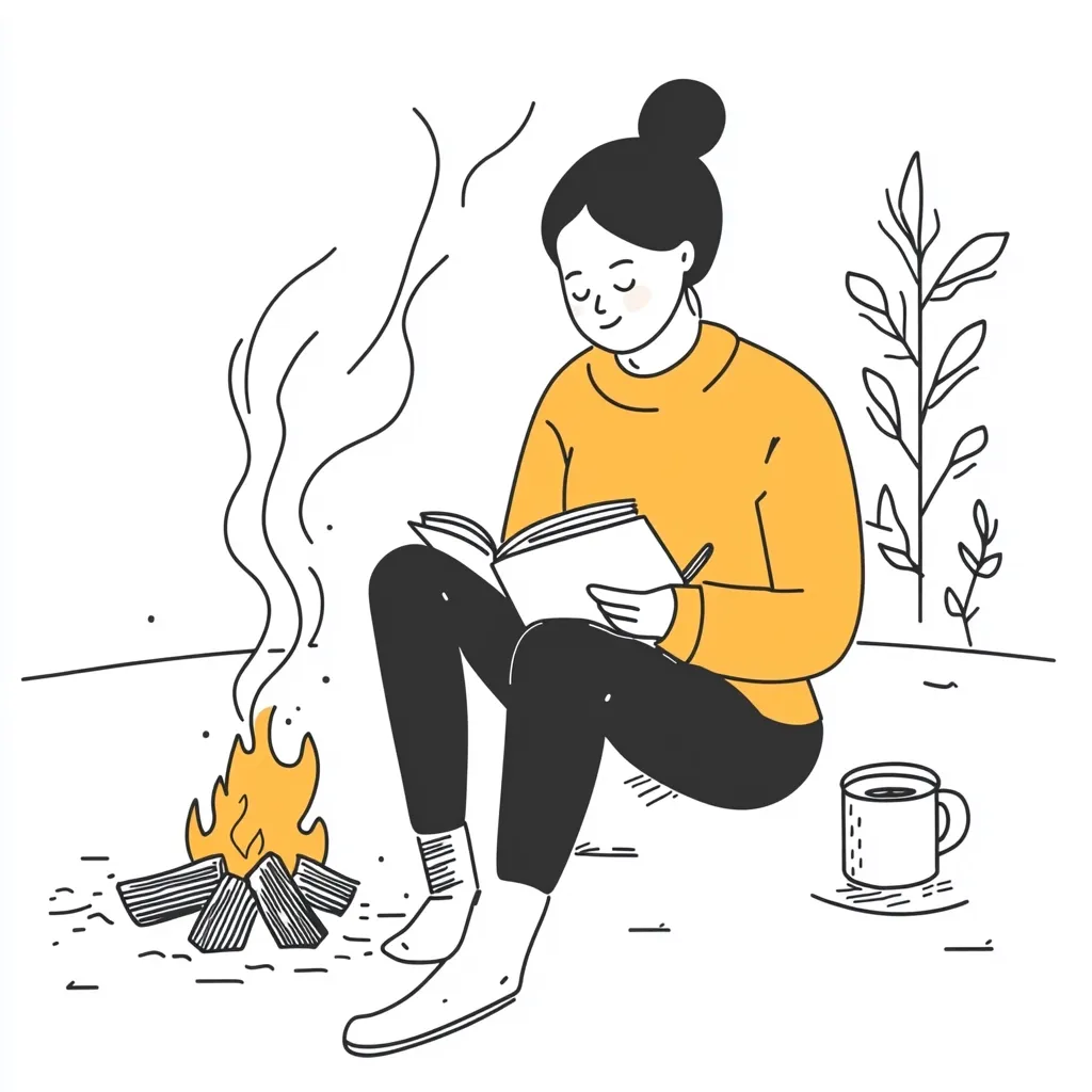A young woman sits cross-legged outdoors, engrossed in a book.  A small campfire crackles nearby, its smoke curling upwards. She wears a yellow sweater and white socks. A mug sits beside her, suggesting a peaceful and cozy moment of reading by a fire.  The simple line drawing style creates a serene atmosphere.