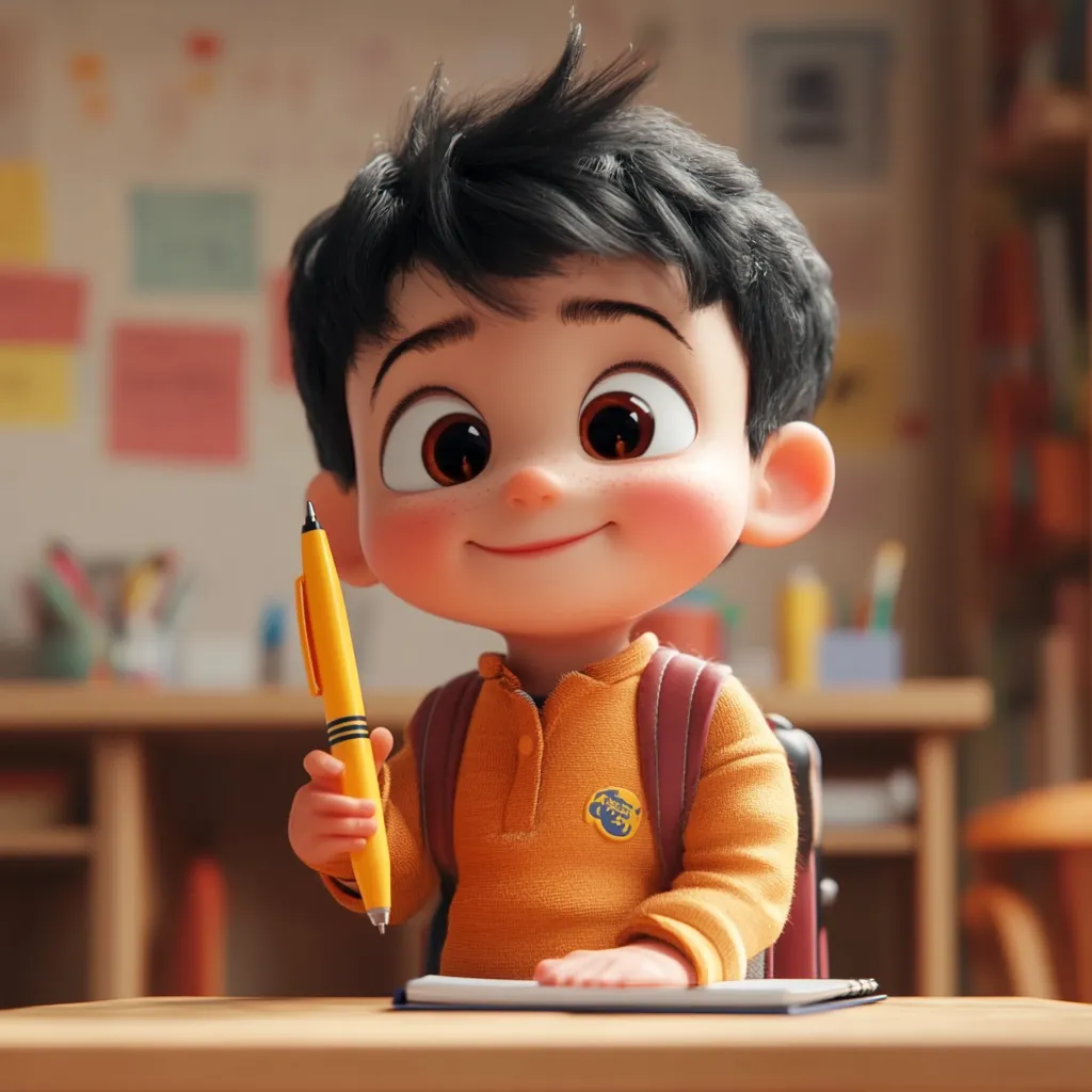 An adorable, stylized cartoon boy with large eyes and rosy cheeks sits at a desk. He holds a yellow pen, ready to write in a notebook.  Wearing an orange shirt and a small backpack, he exudes a cheerful and innocent charm, suggesting a scene from a children's story or animation. The background is a softly blurred classroom setting.