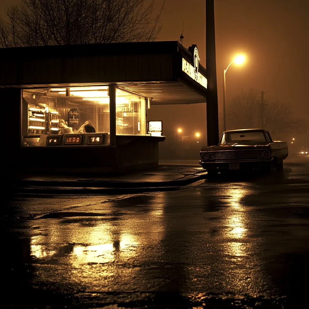 A nighttime scene at a drive-in restaurant. A classic car sits parked in front, its reflection shimmering on the wet pavement. The restaurant's interior is dimly lit, with a lone figure visible behind the counter. A streetlight casts a warm glow on the foggy atmosphere, creating a nostalgic and melancholic mood. The overall tone is dark and moody, emphasizing the solitude and quiet of the late-night setting.