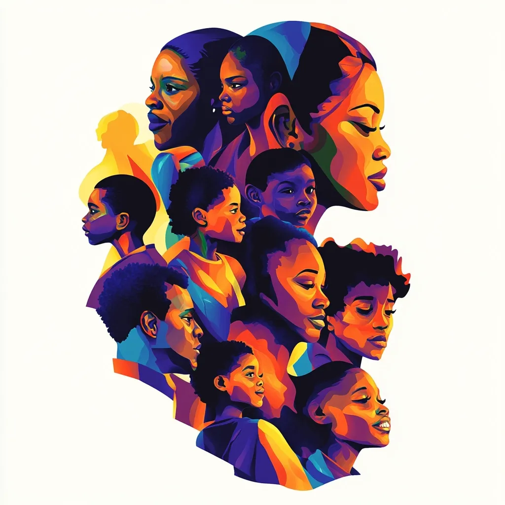 A vibrant, stylized artwork depicts a multitude of Black faces, predominantly women and children, layered and interwoven.  The figures are rendered in bold, saturated colors, creating a dynamic and energetic composition.  The artwork suggests themes of family, community, and generational connection, with the varying ages and expressions adding depth and narrative.  The bold color palette emphasizes strength and resilience.