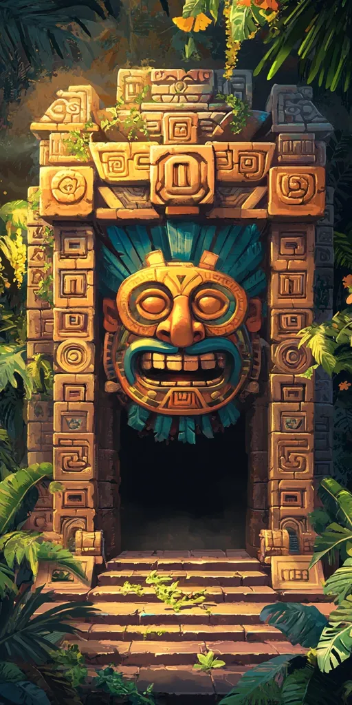 A stone gateway, carved with intricate Mayan-style patterns, dominates the image.  A large, smiling tiki mask forms the lintel, its vibrant colors contrasting with the earthy tones of the stonework. Lush jungle foliage frames the structure, creating a sense of mystery and adventure.  Steps lead down to a dark opening within the gateway, inviting exploration into the unknown depths beyond.