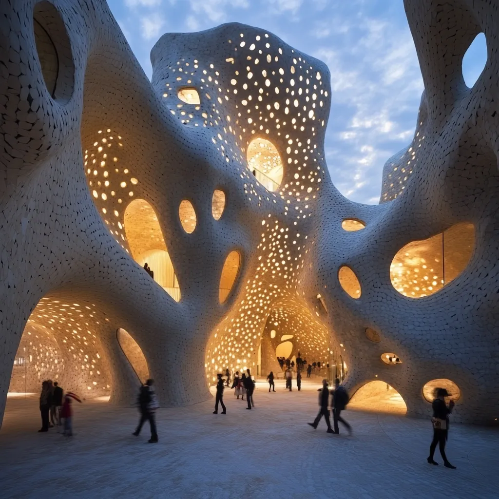 A breathtaking architectural marvel, illuminated from within.  The structure's organic, cave-like forms are punctuated by numerous openings, creating a mesmerizing play of light and shadow.  People are scattered across the interior plaza, dwarfed by the immense scale of the building.  The textured, light-grey material enhances the overall ethereal and otherworldly effect.