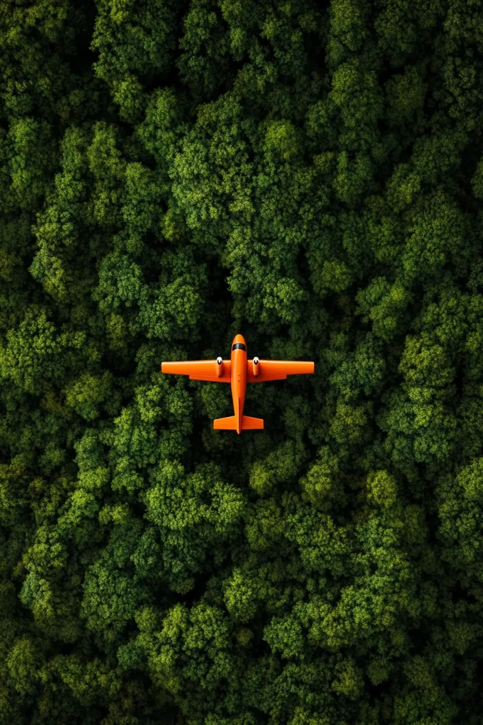 An overhead shot reveals a vibrant orange airplane positioned centrally over a dense, lush green forest. The airplane's small size contrasts with the expansive woodland, creating a striking visual of scale and environmental context.  The image suggests themes of travel, nature, and the impact of human activity on the natural world.