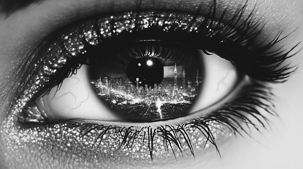 A close-up, black and white image showcases a captivating eye.  The pupil reflects a vibrant cityscape at night, creating a striking contrast between the detailed eye and the miniature city.  Long, dark lashes frame the eye, which is adorned with glittering, sparkly makeup.  The overall effect is surreal and artistic.