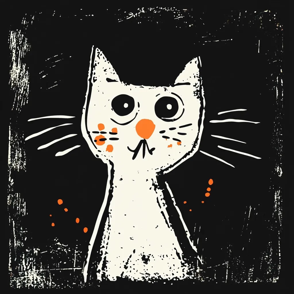 A stylized illustration of a white cat against a black background. The cat has large, expressive eyes, an orange nose, and small orange spots on its cheeks. Its whiskers are depicted as simple lines, and its body is simply shaped. The artwork has a textured, possibly linocut-like, quality, with a rough, slightly distressed look.  Orange dots are scattered around the cat, adding to the playful, artistic feel.