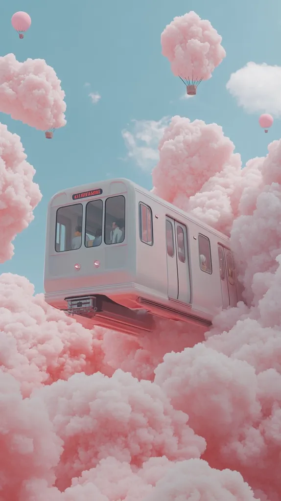 A white subway train floats amidst fluffy, cotton-candy pink clouds.  Several small, pink hot air balloons drift nearby in this surreal, dreamy landscape. Passengers are visible inside the train, creating a whimsical and peaceful scene. The overall tone is soft, light, and fantastical.