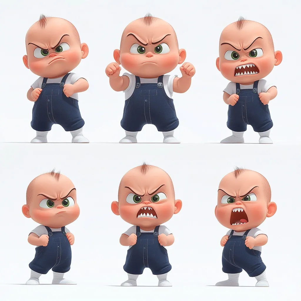 Six 3D-rendered images showcase a cartoon baby in various angry expressions.  The baby, bald with a small tuft of hair, wears denim overalls and white socks.  The expressions range from a stern frown to increasingly furious scowls and open-mouthed roars, demonstrating a progression of escalating anger.  The consistent pose and attire highlight the changing facial features.