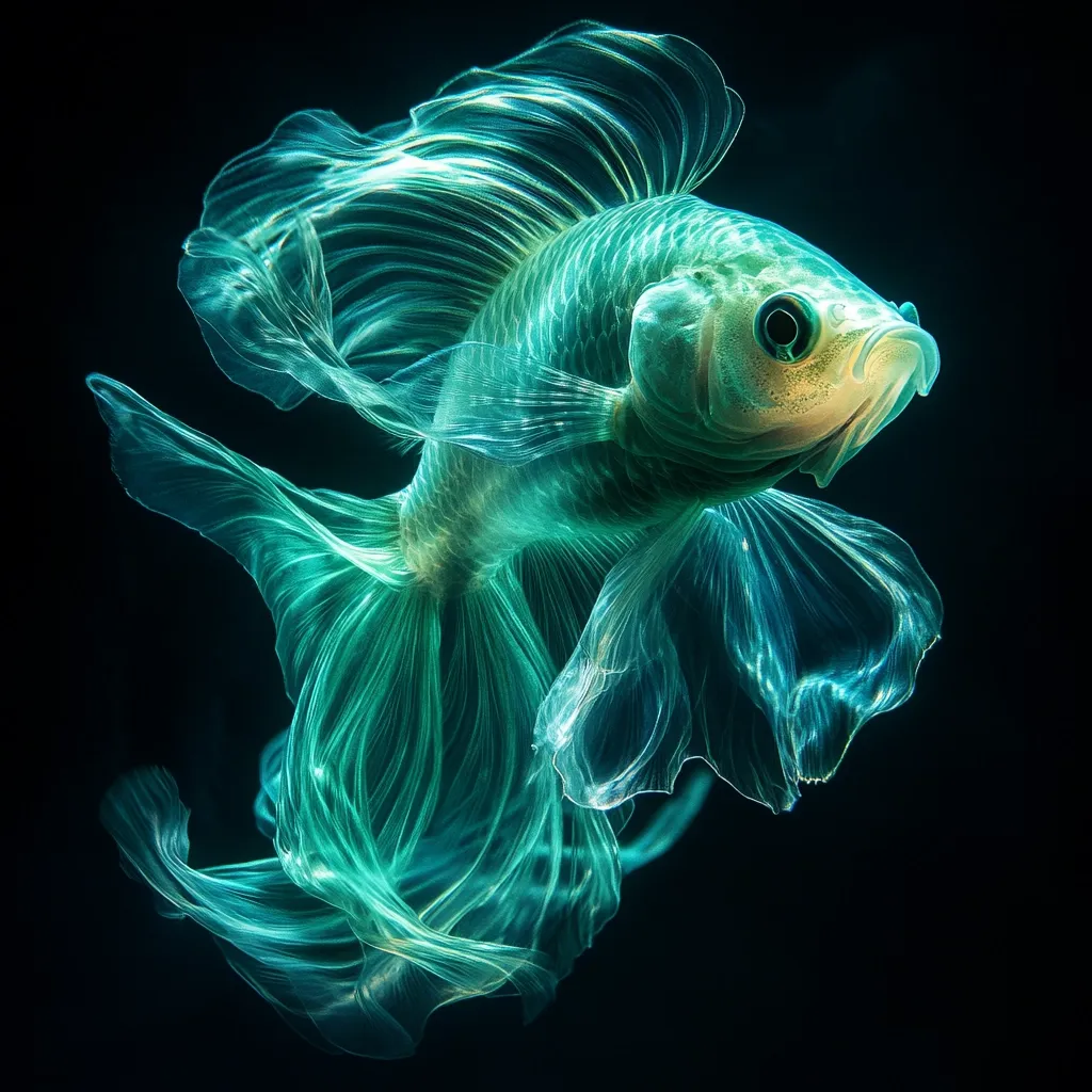 A vibrant, ethereal betta fish, seemingly translucent, dominates the dark background. Its fins are dramatically extended, showcasing a captivating teal and green gradient. The fish's body is subtly highlighted, contrasting with the flowing, almost silken appearance of its fins. The image captures a moment of graceful movement, emphasizing the fish's elegance and beauty.