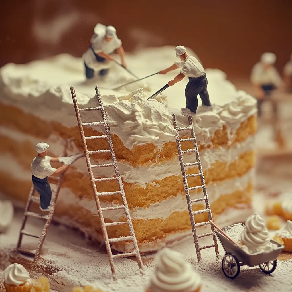 Miniature figures work on a large layered cake, meticulously adding whipped cream frosting.  Two figures use ladders to access the top, while others work below, using small tools. The cake is dusted with powdered sugar, and a miniature wheelbarrow transports more of the sweet topping. The scene is highly detailed and whimsical.