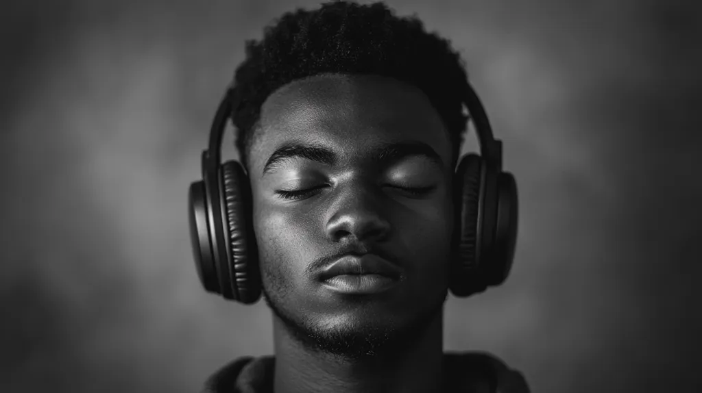 A black and white close-up shot depicts a young Black man with his eyes closed, wearing over-ear headphones.  His expression is serene and peaceful, suggesting he is listening to music or meditating. The background is blurred and dark, drawing focus to the subject's face and the headphones. The image evokes a sense of calm and introspection.