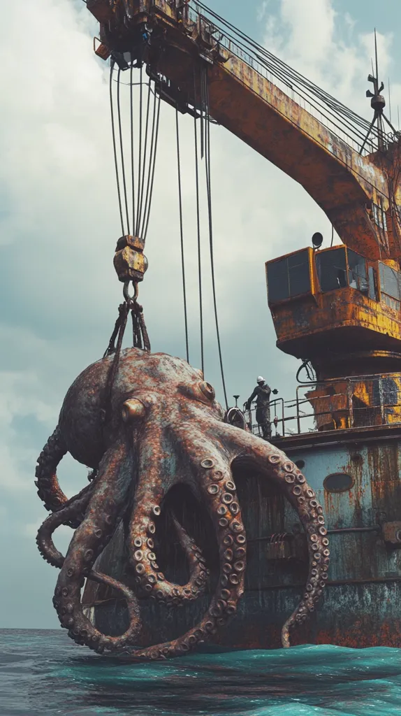 A colossal, rusted octopus is being hoisted by a weathered crane on an old, decaying ship.  The creature's massive tentacles drape over the vessel's side, partially submerged in the dark ocean. A lone figure in protective gear observes the scene from the ship's deck, adding to the dramatic and surreal atmosphere of the image. The sky is cloudy, enhancing the overall mood of mystery and impending danger.