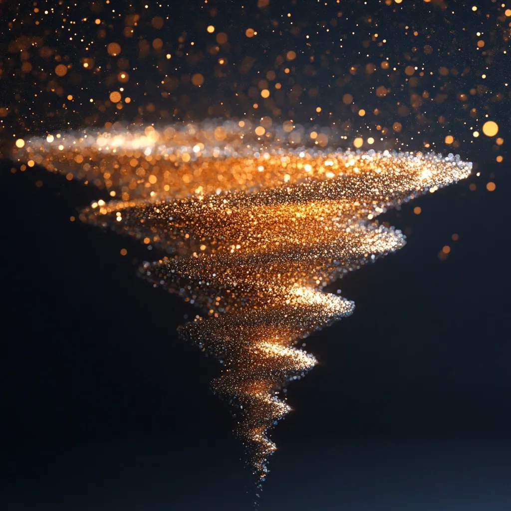A mesmerizing vortex of golden glitter swirls against a dark background.  The glittering particles create a sense of movement and energy, forming a spiraling cone that draws the eye downward.  The image evokes feelings of luxury, magic, and celebration, with the warm golden hues contrasting beautifully with the deep black backdrop.  Small particles also float freely, adding to the overall ethereal effect.