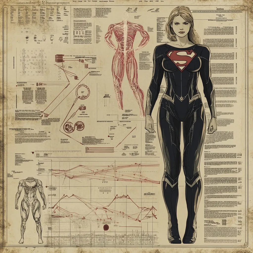 A stylized illustration of Supergirl dominates the center, rendered in a sepia tone reminiscent of vintage technical drawings.  Surrounding her are various diagrams and charts, including a detailed anatomical sketch, circuit schematics, and graphs, creating a blueprint-like effect.  The overall style suggests a scientific analysis or profile of the superhero, blending art and technical documentation.