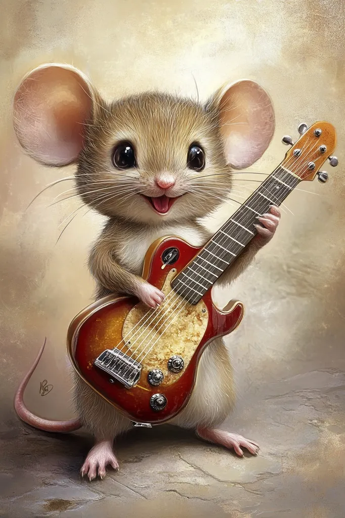 A charming illustration depicts a cute, cartoonish mouse strumming a red electric guitar.  The mouse has large ears, expressive eyes, and a joyful expression.  The guitar is detailed, with visible strings and knobs. The overall style is whimsical and endearing, perfect for children's books or whimsical art. The background is a muted, textured earth tone.