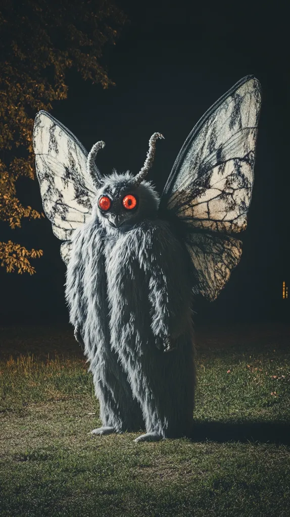 A large, furry creature resembling a moth stands in a grassy field at night.  Its body is covered in gray fur, and it possesses enormous, intricately patterned wings and bright red eyes.  The creature's antennae are long and curved. The setting is dark, highlighting the creature's imposing presence.