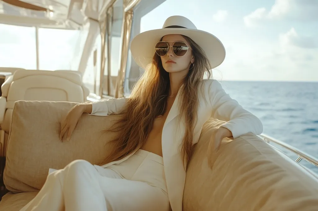 A woman with long blonde hair, wearing a white suit, large sunglasses, and a wide-brimmed hat, relaxes on a luxurious yacht.  The sun shines on her as she sits comfortably on a beige couch, enjoying the tranquil ocean view. The scene exudes opulence and serenity.