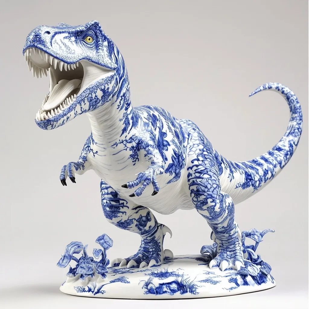 A striking porcelain Tyrannosaurus Rex sculpture is depicted, meticulously detailed with a blue and white floral pattern reminiscent of traditional Chinese porcelain.  The dinosaur is dynamically posed, its mouth open in a roar, and rests on a similarly decorated base featuring stylized flora. The intricate design blends prehistoric power with delicate artistry.