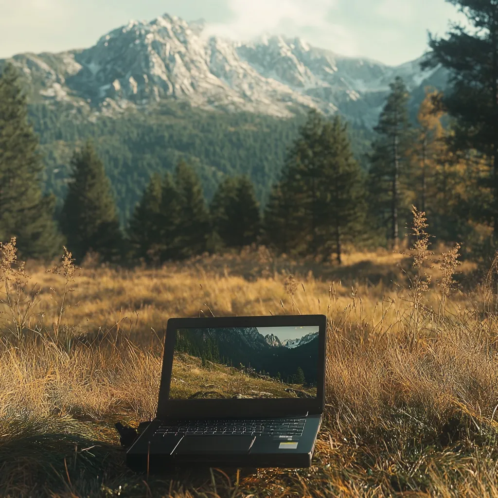 A laptop sits in a field of tall grass, its screen displaying a breathtaking mountain landscape.  The actual background mirrors the image on the screen, showcasing a majestic mountain range partially covered in snow, with a forest of evergreen trees in the foreground.  The scene evokes a sense of peaceful remote work in a stunning natural setting.