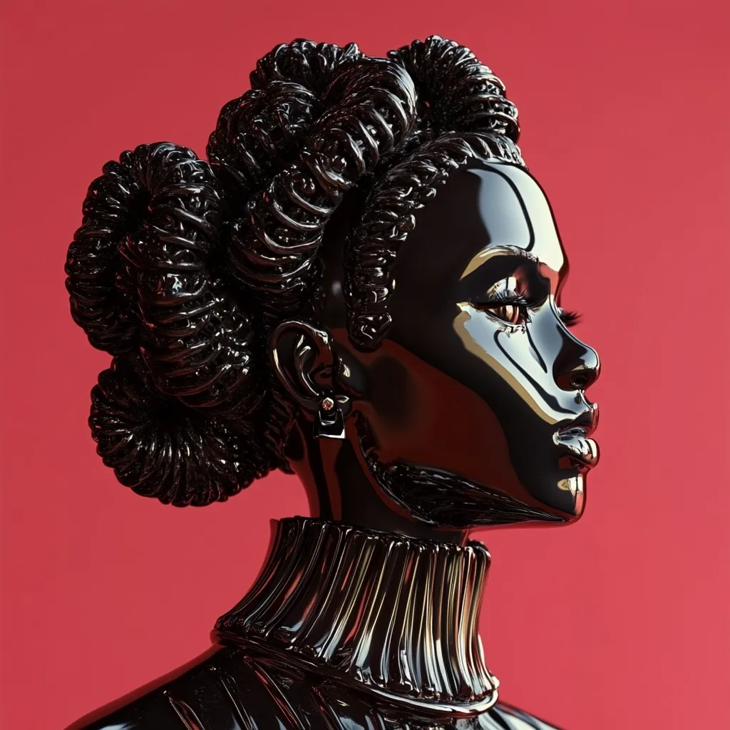 A profile view of a sleek, black, stylized female bust against a vibrant red backdrop.  Her hair is sculpted into intricate, coiled braids, and she wears a high-necked, textured garment.  The glossy black finish gives the piece a modern, almost futuristic aesthetic, suggesting strength and elegance.  The contrast between the dark figure and the bright background creates a striking visual impact.