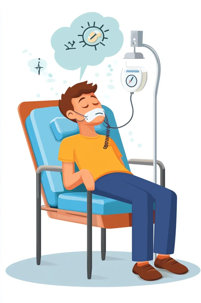 An illustration depicts a young man reclining in a hospital chair, receiving intravenous medication.  He wears a face mask and appears drowsy. A thought bubble above his head shows a virus and pills, suggesting illness and treatment. The scene is simple and cartoon-like, focusing on the patient's peaceful state during intravenous therapy.