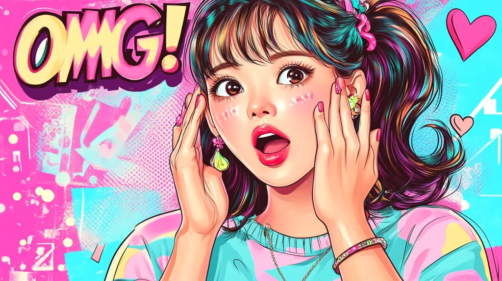 A vibrant, stylized illustration of a young woman with long, multicolored hair styled in pigtails.  Her expression is one of surprised delight, mouth agape, hands framing her face.  The background is a bold mix of pink, blue, and graphic elements reminiscent of comic book art. The words "OMG!" are prominently displayed, emphasizing her shocked reaction.  She wears pastel clothing and accessories, completing the playful, energetic aesthetic.