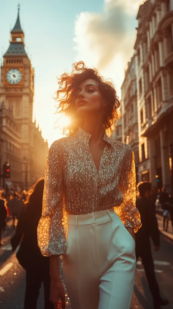 A woman with curly auburn hair strolls down a London street, bathed in the golden light of sunset.  She wears a beige patterned blouse and crisp white trousers, her silhouette sharp against the backdrop of Big Ben and the city's architecture.  The sun's rays illuminate her from behind, creating a warm, atmospheric image.  Blurred figures of pedestrians add depth to the scene, emphasizing the woman's confident posture.
