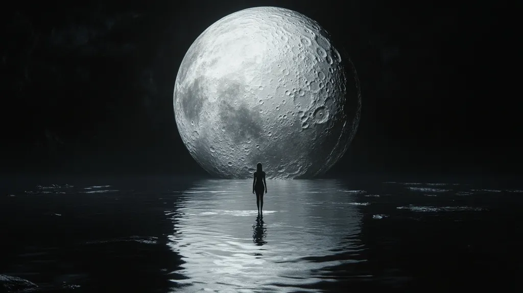 A solitary female figure stands in still, dark water, silhouetted against an immense, cratered moon dominating the night sky.  The moon's reflection mirrors the scene, creating a surreal and tranquil atmosphere. The vastness of the moon emphasizes the smallness of the human form, fostering a sense of awe and mystery.  The overall tone is dark, moody, and evocative.