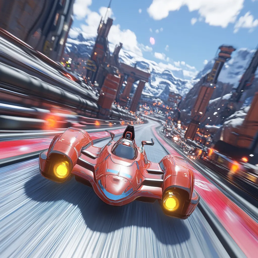 A futuristic red race car speeds along a track, leaving a motion blur.  The track winds through a city built into a snowy mountain range, with tall, orange-hued buildings. The car's sleek design and glowing headlights suggest advanced technology. The scene is dynamic and evokes a sense of high-speed racing in a technologically advanced environment.