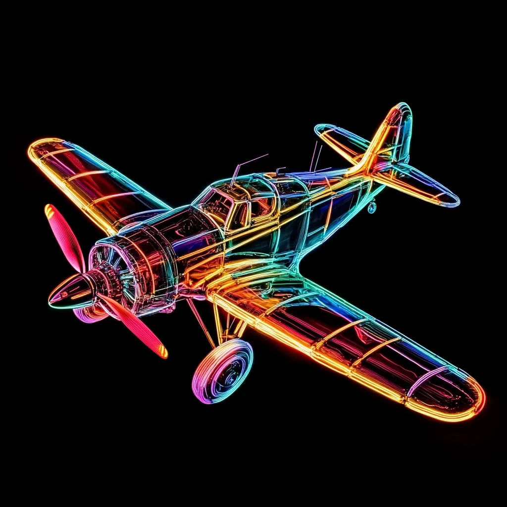 A vibrant, rainbow-hued wireframe model of a vintage propeller airplane is depicted against a stark black background.  The image showcases the plane's intricate details, from the propeller and engine to the wings and fuselage, all rendered in a striking neon-like effect. The colors shift seamlessly, creating a visually captivating and almost ethereal representation of flight.