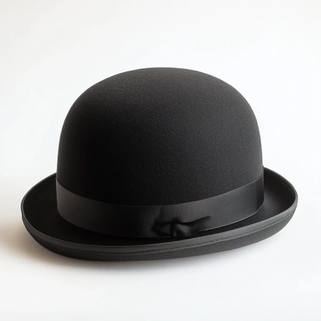 A classic black bowler hat is presented against a stark white background.  The hat's smooth, felt dome is complemented by a simple black ribbon band. The brim is subtly downturned, showcasing the hat's timeless design and excellent craftsmanship. The image is clean and minimalist, emphasizing the hat's elegance.
