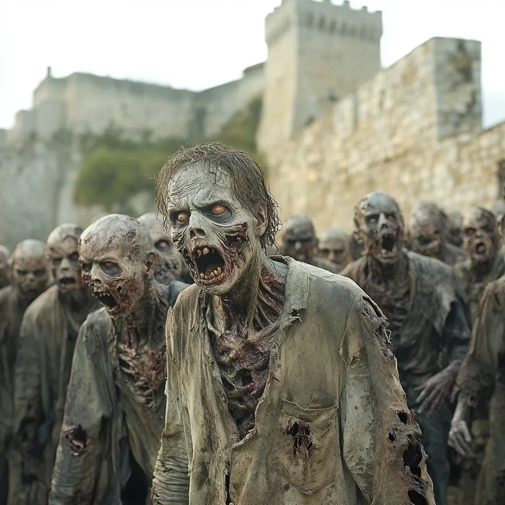 A horde of decaying zombies shambles towards the viewer, their rotting flesh and exposed bones visible.  Their mouths are agape, revealing decaying teeth, and their eyes are clouded and dull.  A crumbling stone castle forms a grim backdrop to this scene of undead terror. The zombies are in various states of decomposition, highlighting the gruesome reality of the undead.
