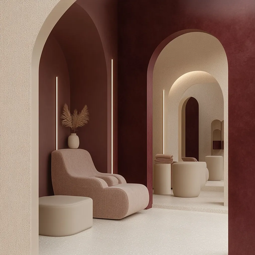 A serene waiting area is depicted, featuring a plush, rose-toned armchair and a matching ottoman.  The space is defined by arched doorways and walls in contrasting beige and deep burgundy hues.  Subtle lighting accents the architectural details, creating a calm and sophisticated atmosphere.  A small vase with dried pampas grass adds a touch of natural elegance.  The overall design suggests a spa or high-end salon.
