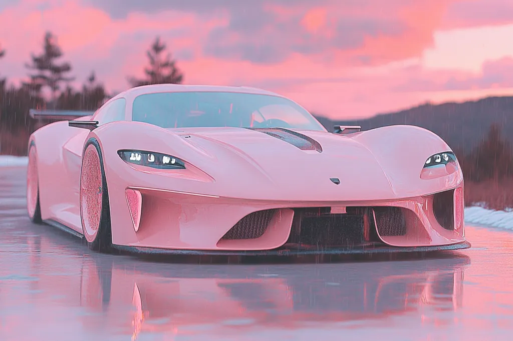A vibrant pink supercar sits on a wet road, reflecting the soft pink and orange hues of a twilight sky. Rain gently falls, adding to the serene atmosphere.  The car's sleek design and futuristic features are highlighted by the soft lighting.  The background features a blurred landscape of trees and hills, creating a peaceful yet dramatic setting.